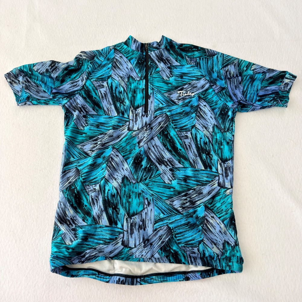 Vintage 90s Tinley Cycling Jersey Abstract Teal Blue 1/4 Zip Bike Shirt 3 Pocket